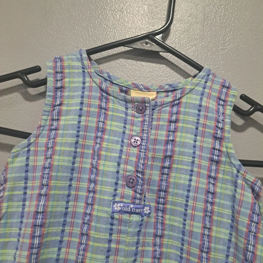 Vintage Old Navy Baby Plaid Seersucker Romper Blue Green 18-24 Months XL‎